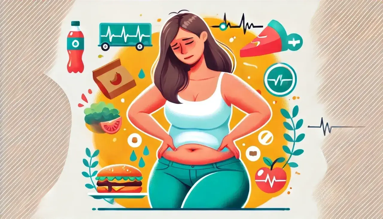 Ilustracja przedstawia kobietę z nadwagą, otoczoną symbolami niezdrowej żywności i problemów zdrowotnych. To wizualne wyjaśnienie, insulinooporność co to jest i jak wpływa na organizm.