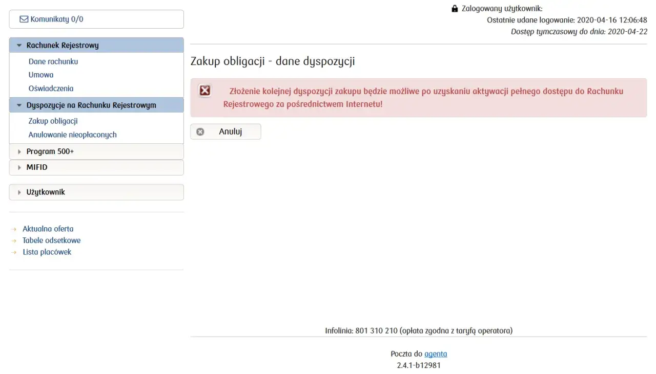 Interfejs bankowości internetowej mBank z menu po lewej i komunikatem o braku dostępu do zakupu obligacji.
