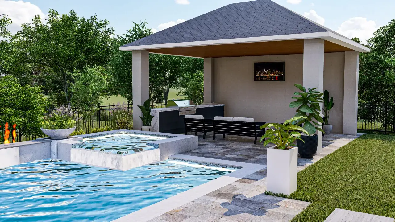 Nowoczesna altana ogrodowa z grillem i miejscem do siedzenia, obok basenu. Zastanawiasz się, ile kosztuje altana ogrodowa?