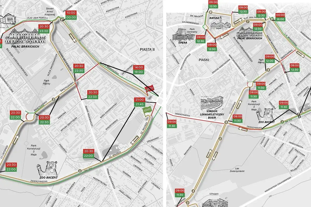 Trasa w mieście na trasie Białystok-Wyszków, z zaznaczonymi punktami i godzinami, m.in. Pałacem Branickich i Zoo Akcent.