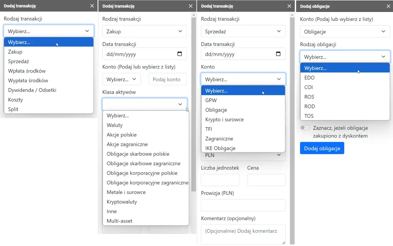 Gdzie założyć portfel inwestycyjny? Wybierz rodzaj transakcji, klasę aktywów i konto, by dodać obligacje.