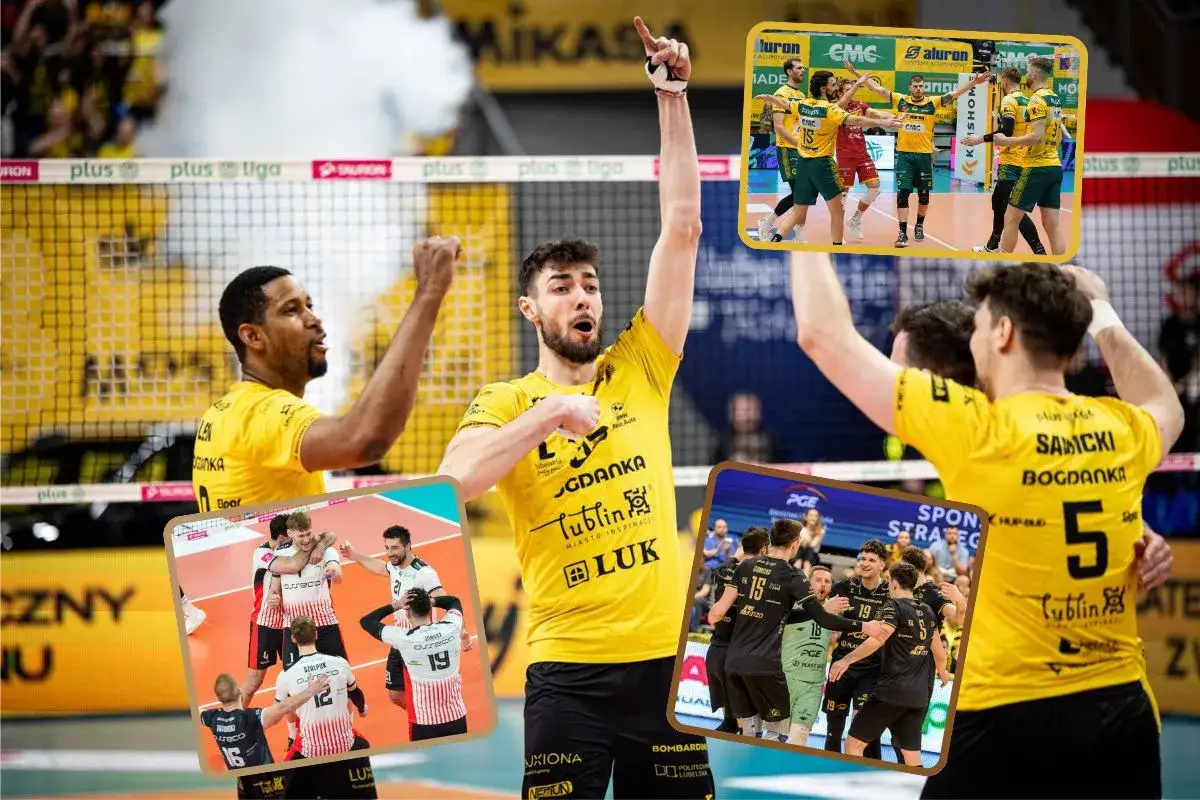 Siatkarze w żółtych strojach świętują zwycięstwo w Plus Lidze. Na zdjęciach widać radość drużyny i kibiców.