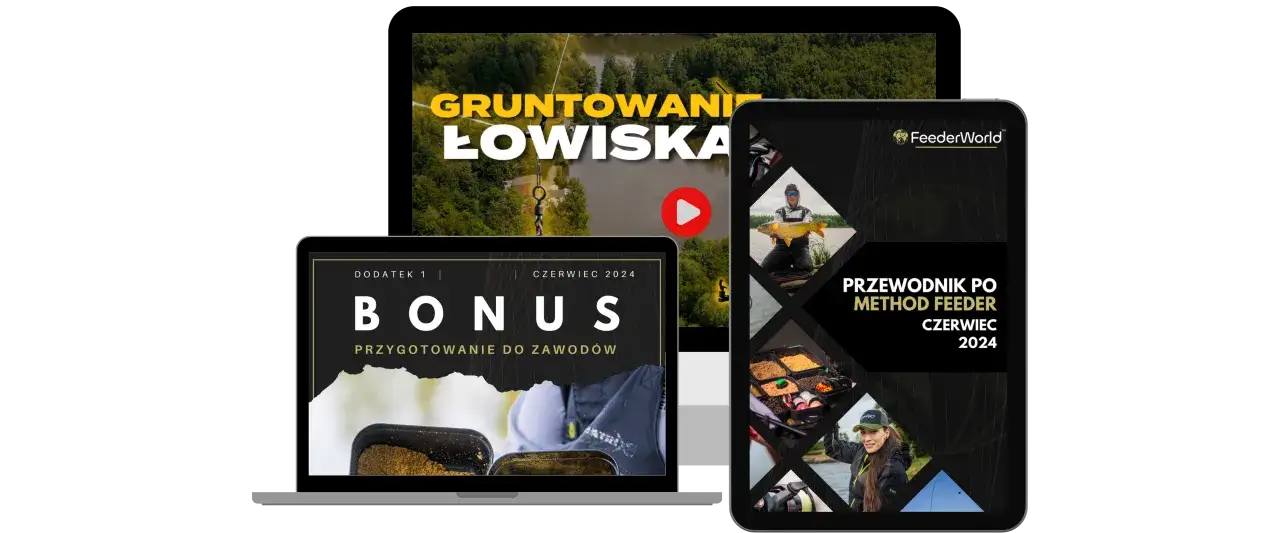 Trzy ekrany z grafikami wędkarskimi: laptop, tablet i monitor z widokiem na łowisko.