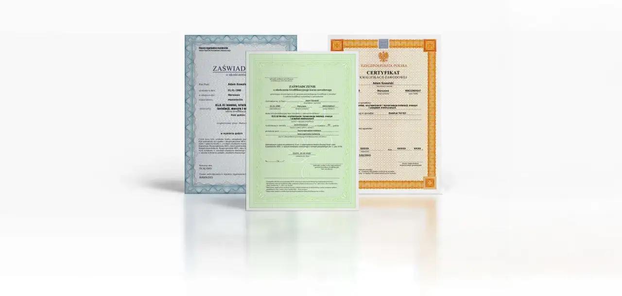 Certyfikaty kwalifikacji zawodowych, w tym dla zawodu elektryk, z danymi Adama Kowalskiego.