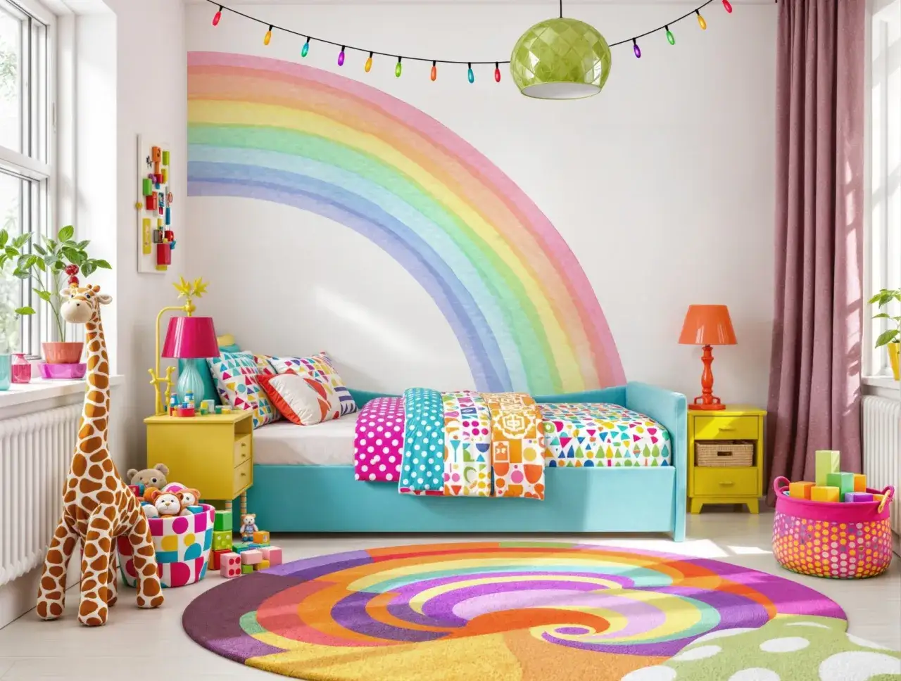 Kolorowy pokój dziecięcy z łóżkiem, tęczą na ścianie i zabawkami.