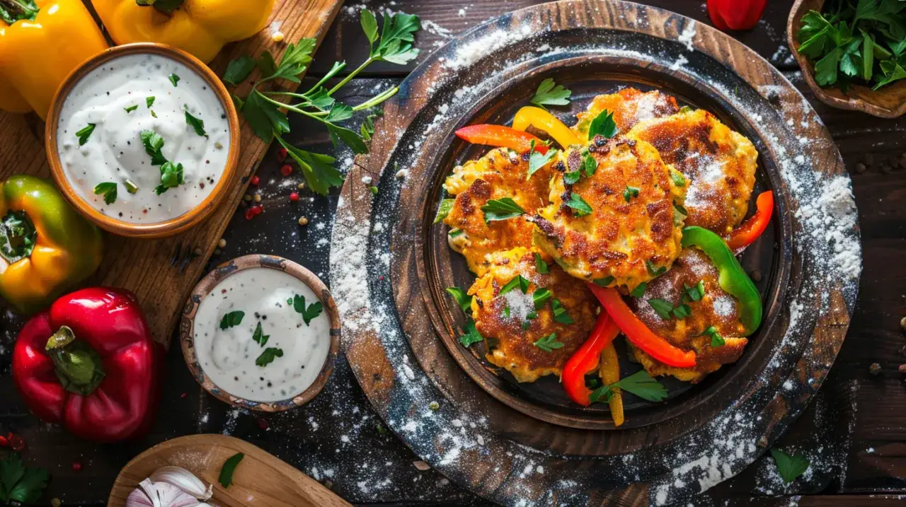 Placki z kurczakiem, warzywami i sosem czosnkowym