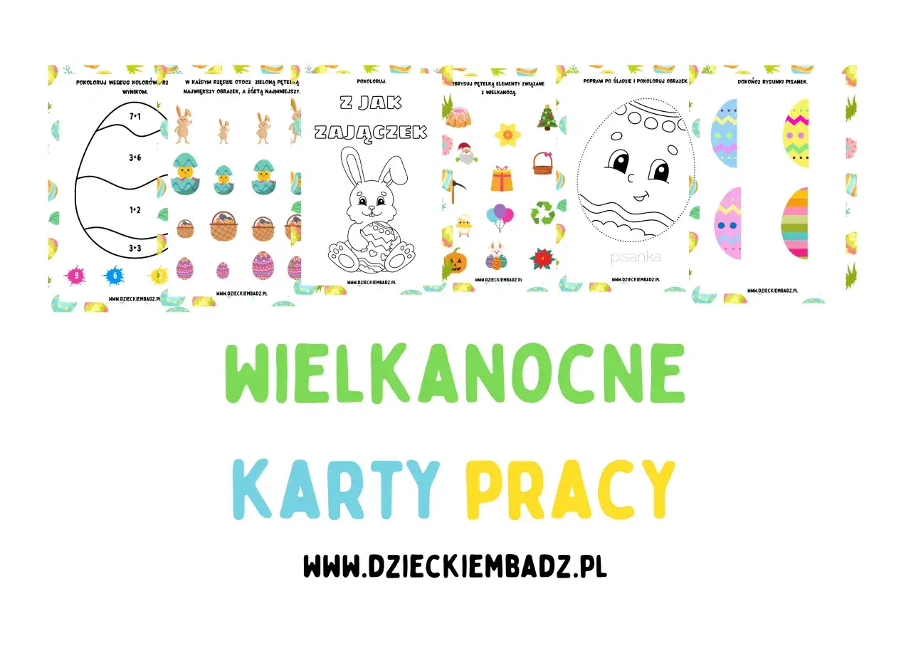 Wielkanocne karty pracy: kolorowanki z zajączkiem, pisanki, zadania matematyczne i obrazkowe.