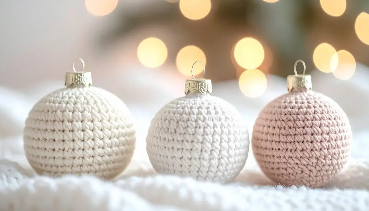 Trzy urocze bombki na szydełku z koralikami, otulone miękkim białym materiałem, na tle rozmytych światełek choinkowych.