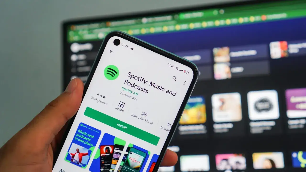 Dłoń trzyma smartfon z otwartą aplikacją Spotify. W tle widać ekran komputera z ikonami aplikacji.