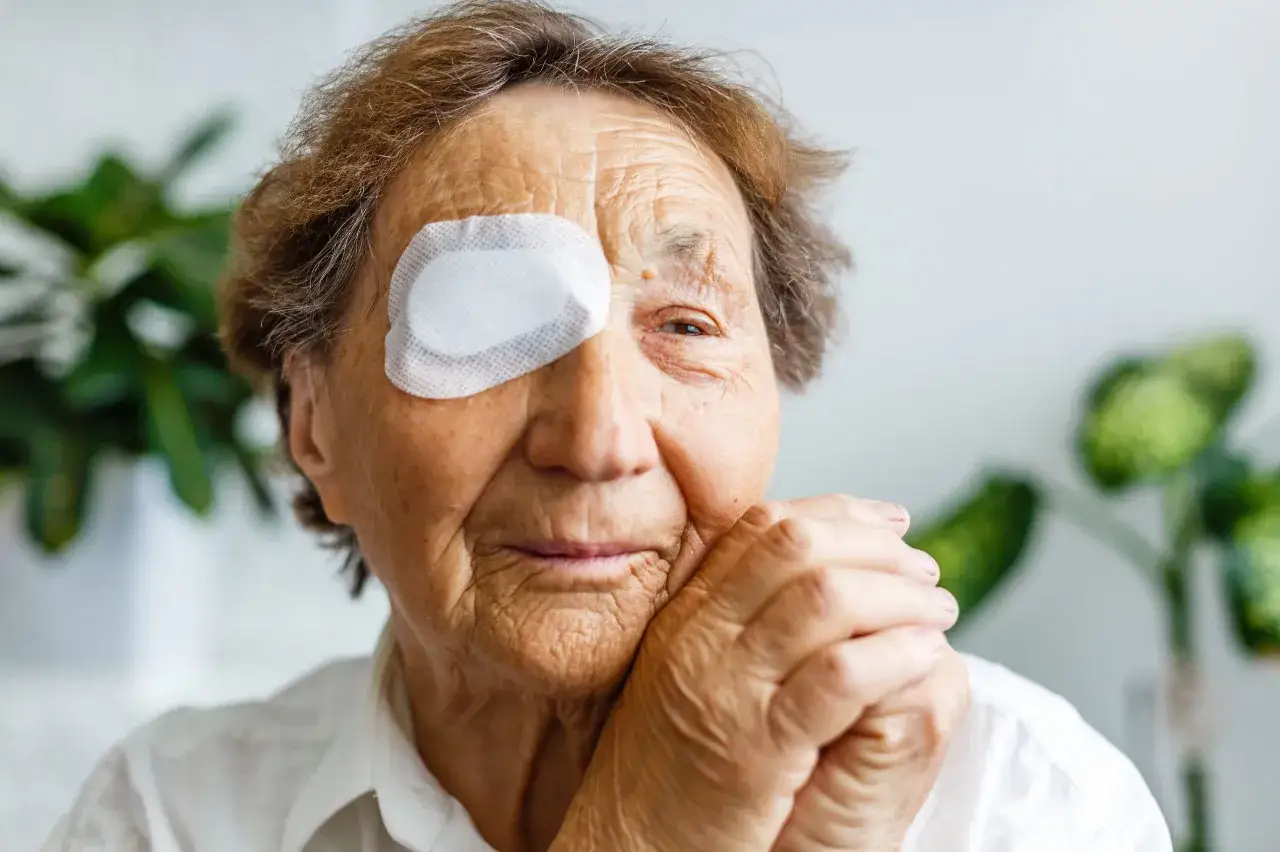 Starsza kobieta z plastrem na oku po operacji jaskry. Zastanawia się, jak długo trwa rehabilitacja po operacji jaskry.