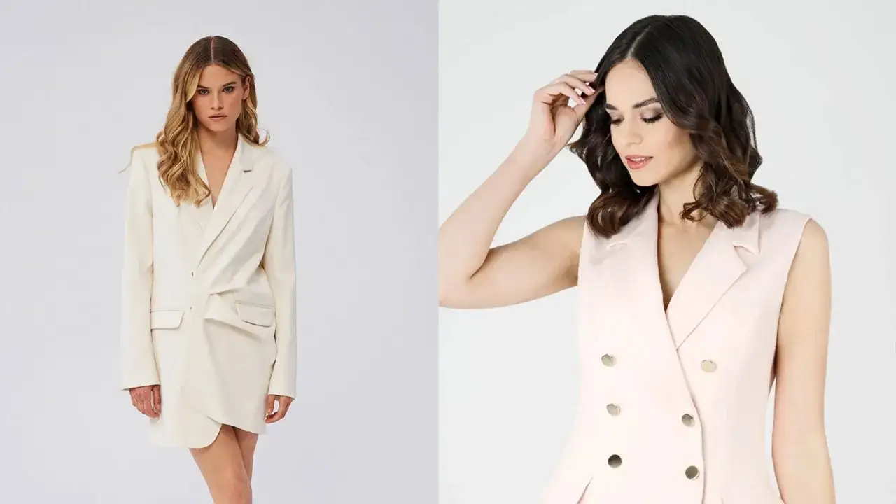 Eleganckie sukienki w stylu marynarki, idealne na zwiedzanie Luwru. Jasna, długa, z długim rękawem i kremowa, krótka, bez rękawów.