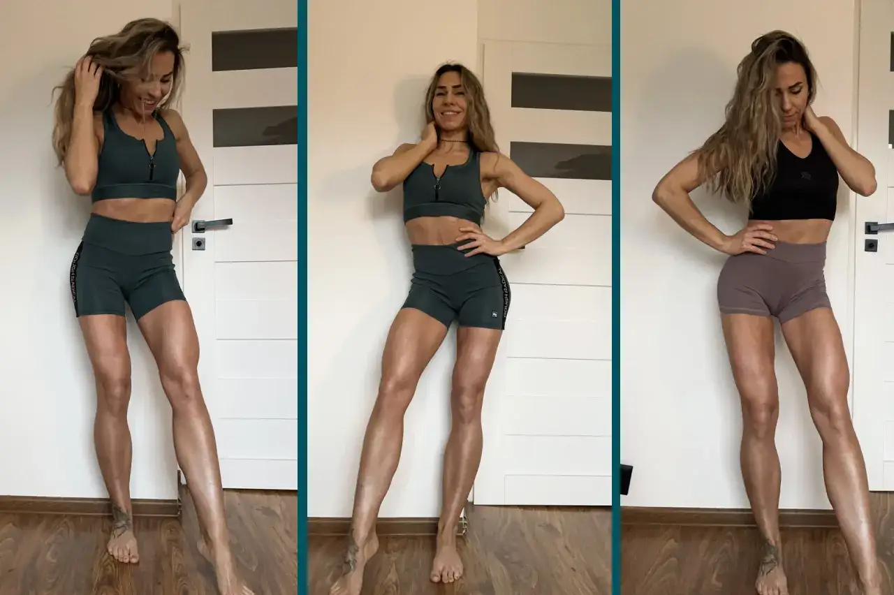 Trzy ujęcia kobiety w sportowych strojach. Czy bieganie wyszczupla uda? Jej nogi wyglądają na wyrzeźbione i smukłe.