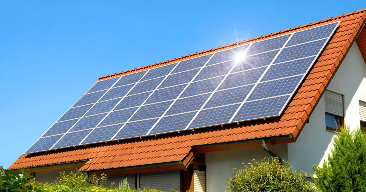 Duże panele wodorowe na dachu domu, lśniące w słońcu.