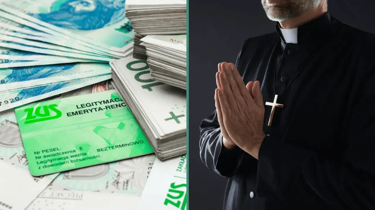 Pieniądze i legitymacja ZUS obok modlącego się księdza. Wizualizacja momentu, kiedy ksiądz idzie na emeryturę.