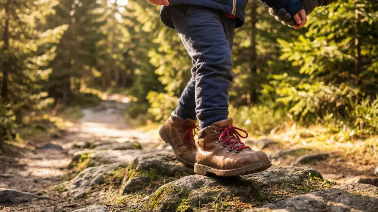 Jesienne wędrówki w lesie. Dziecko w brązowych, sznurowanych butach przemierza kamienistą ścieżkę. Idealne buty w góry jesienią to podstawa.