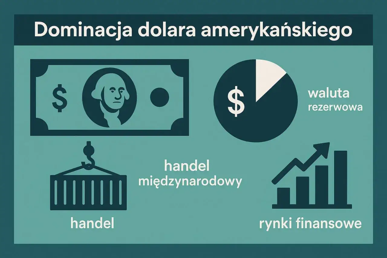 Grafika przedstawia banknot z symbolem dolara, wykres kołowy, kontener na haku i wykres słupkowy.