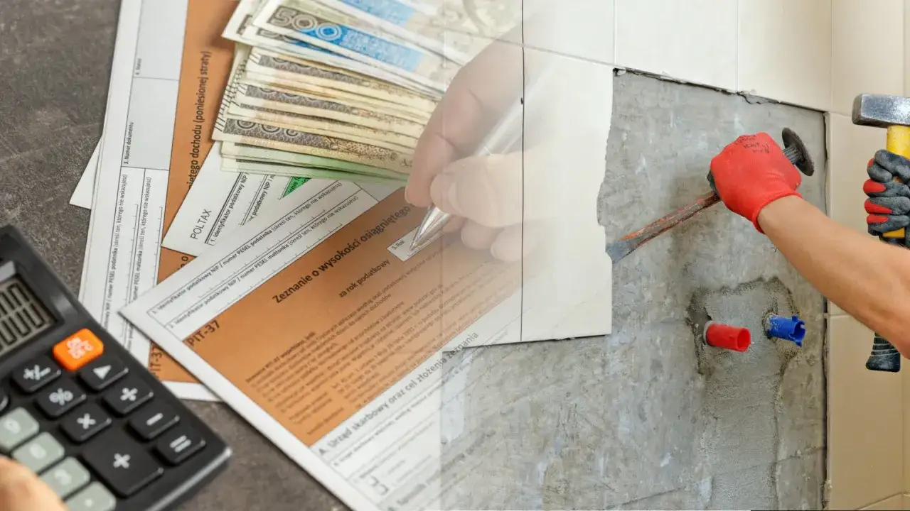 Rozliczenie PIT-37 z pieniędzmi i kalkulatorem, obok trwa remont. Odliczenie remontu od podatku jest możliwe.