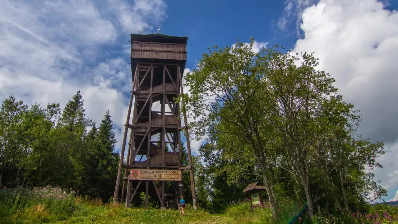Drewniana wieża widokowa na Magurkach zaprasza do podziwiania panoramy. Wokół bujna zieleń i błękitne niebo.