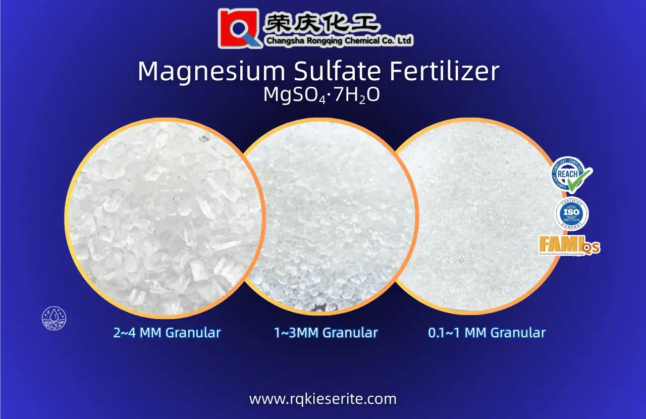 Trzy zbliżenia kryształków siarczanu magnezu o różnej granulacji: 2-4 mm, 1-3 mm i 0.1-1 mm.