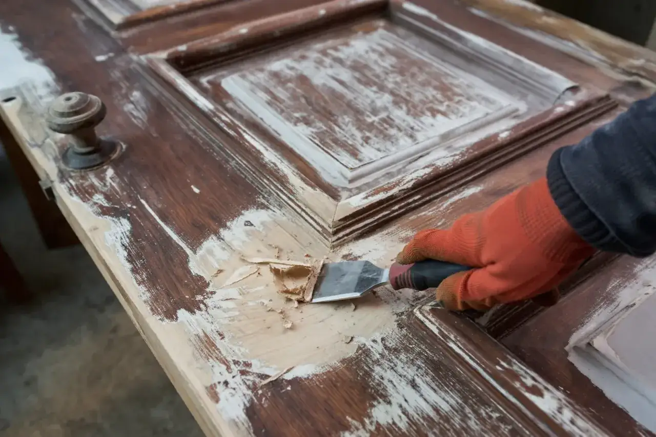 Ręka w pomarańczowej rękawicy zeskrobuje starą farbę z drewnianych drzwi.