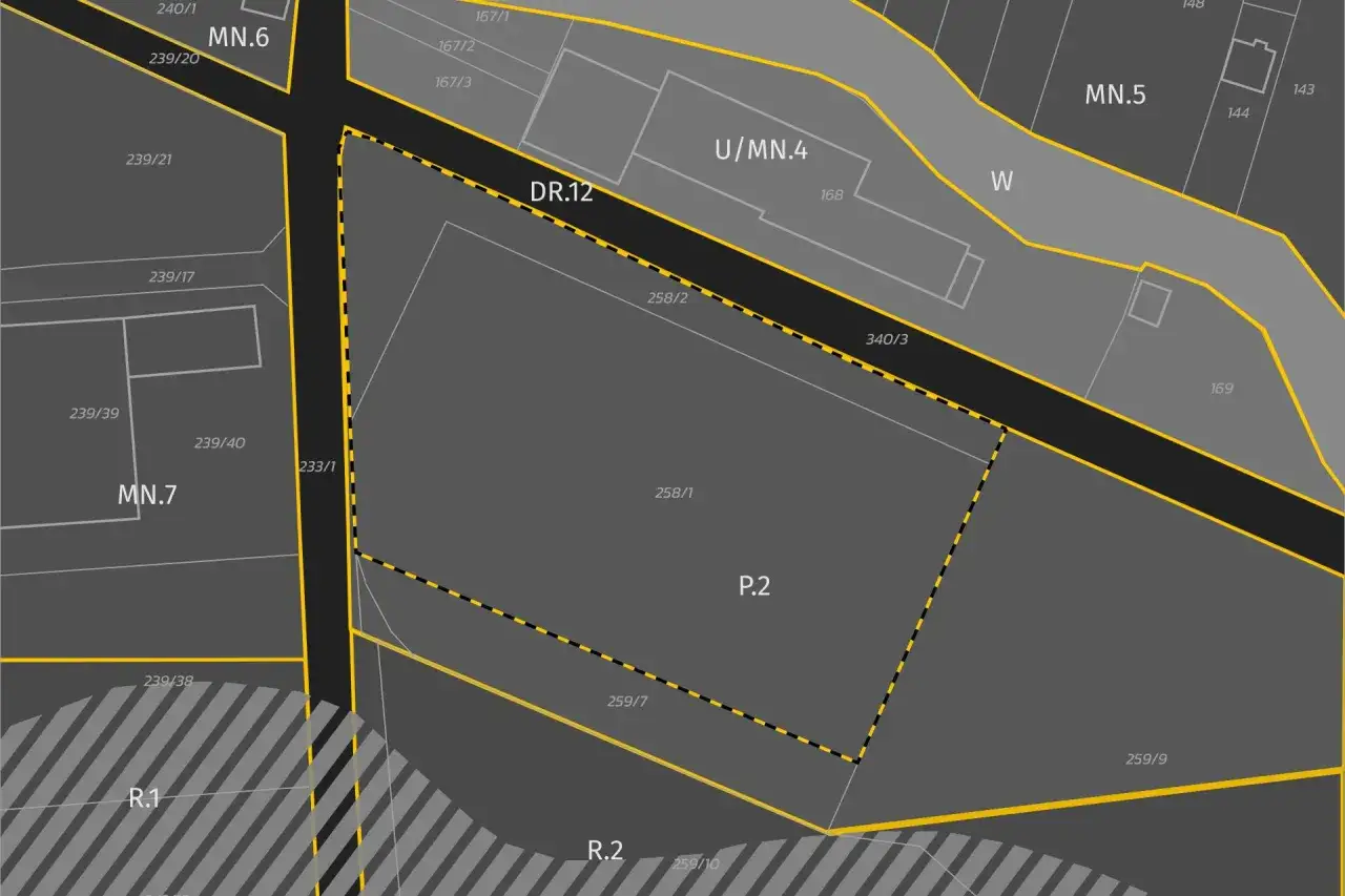 Fragment mapy z oznaczeniami działek i ulic. Jak sprawdzić plan zagospodarowania przestrzennego działki? Mapa pokazuje strefy MN.6, MN.7, U/MN.4, MN.5, R.1, R.2.