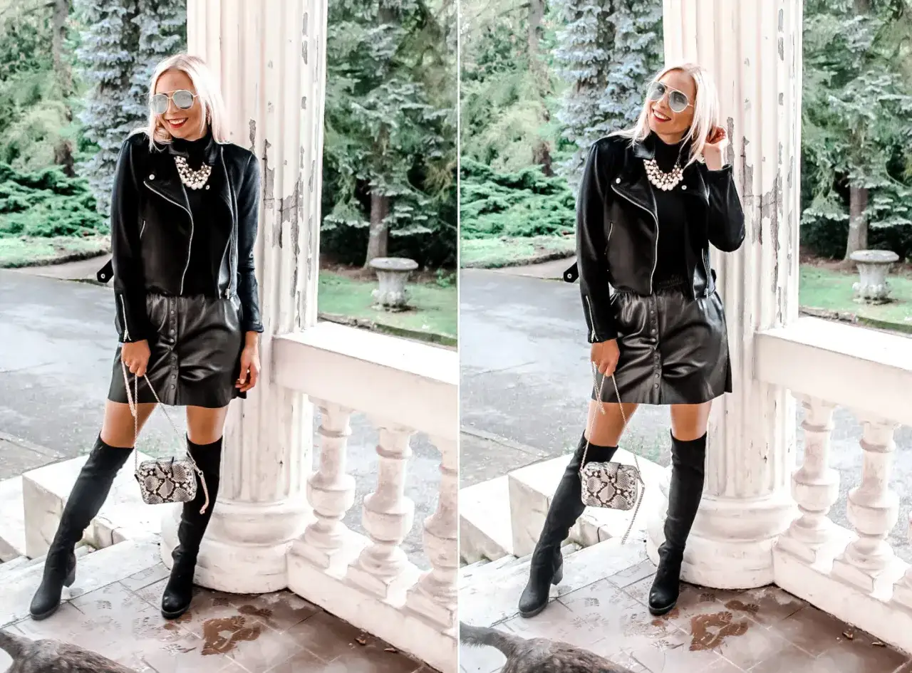 Stylizacja: czarna skórzana spódnica, ramoneska, wysokie kozaki i torebka. Idealna inspiracja, co założyć do czarnej skórzanej spódnicy.