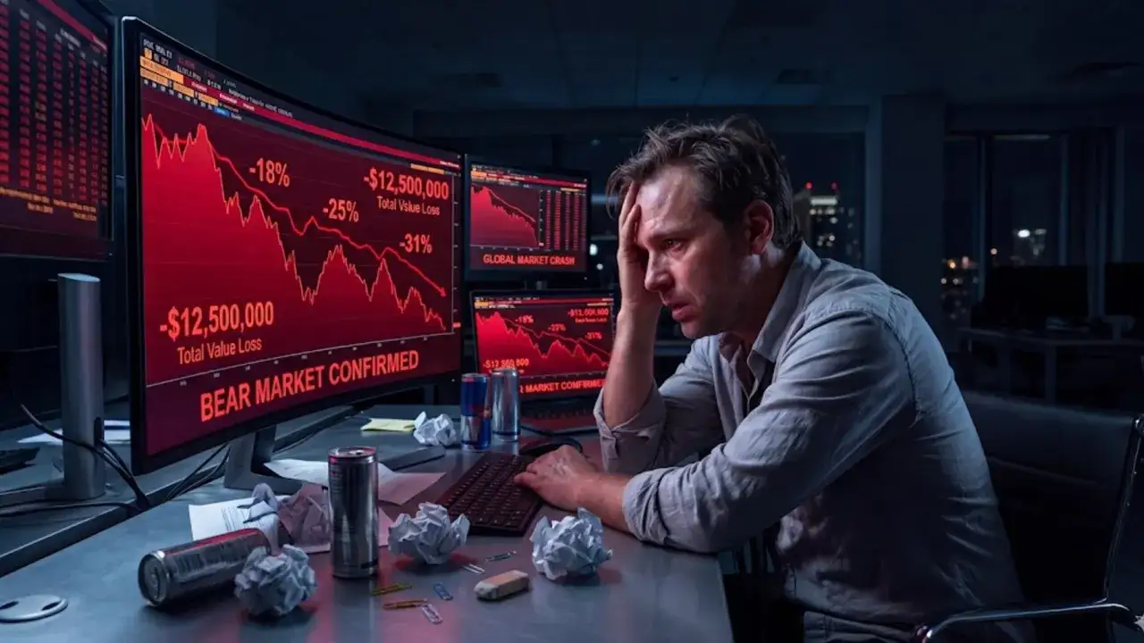 Zestresowany mężczyzna patrzy na monitory z wykresami giełdowymi pokazującymi spadki i stratę kapitału.