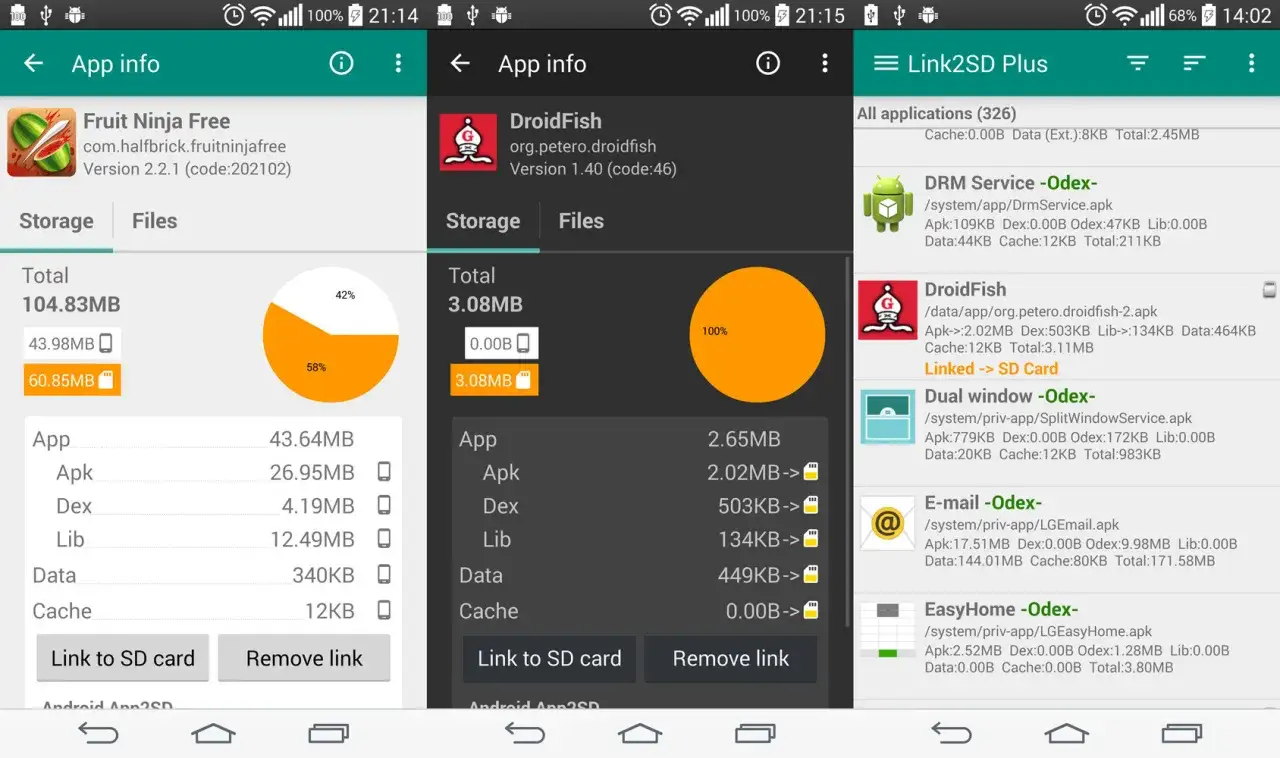 Ekran pokazuje, jak przenieść aplikacje na kartę pamięci, z opcjami "Link to SD card" dla Fruit Ninja Free i DroidFish.