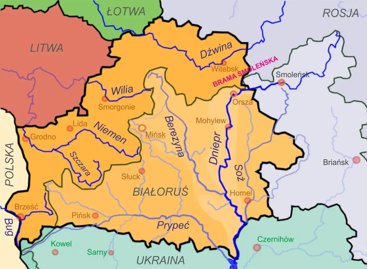 Mapa Białorusi z zaznaczonymi rzekami, miastami i granicami z Polską, Litwą, Łotwą, Rosją i Ukrainą.