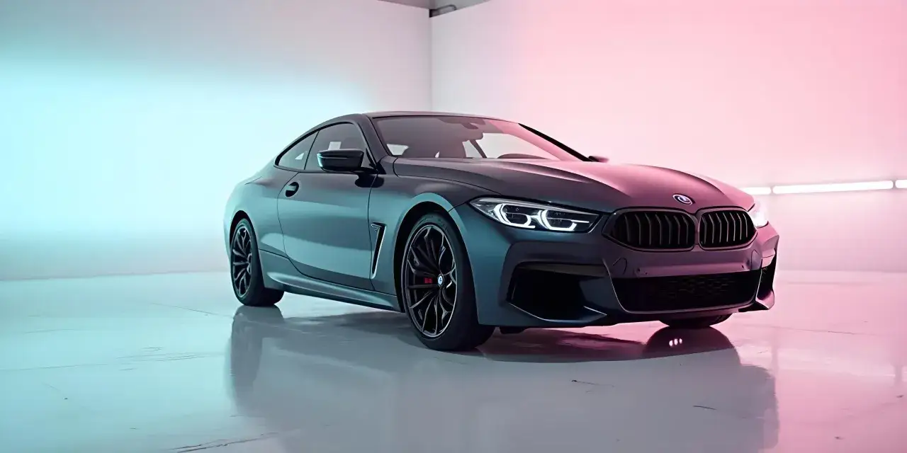 Elegancka, ciemna coupe BMW z podświetlanymi światłami, prezentowana na profesjonalnej fotografii samochodowej.