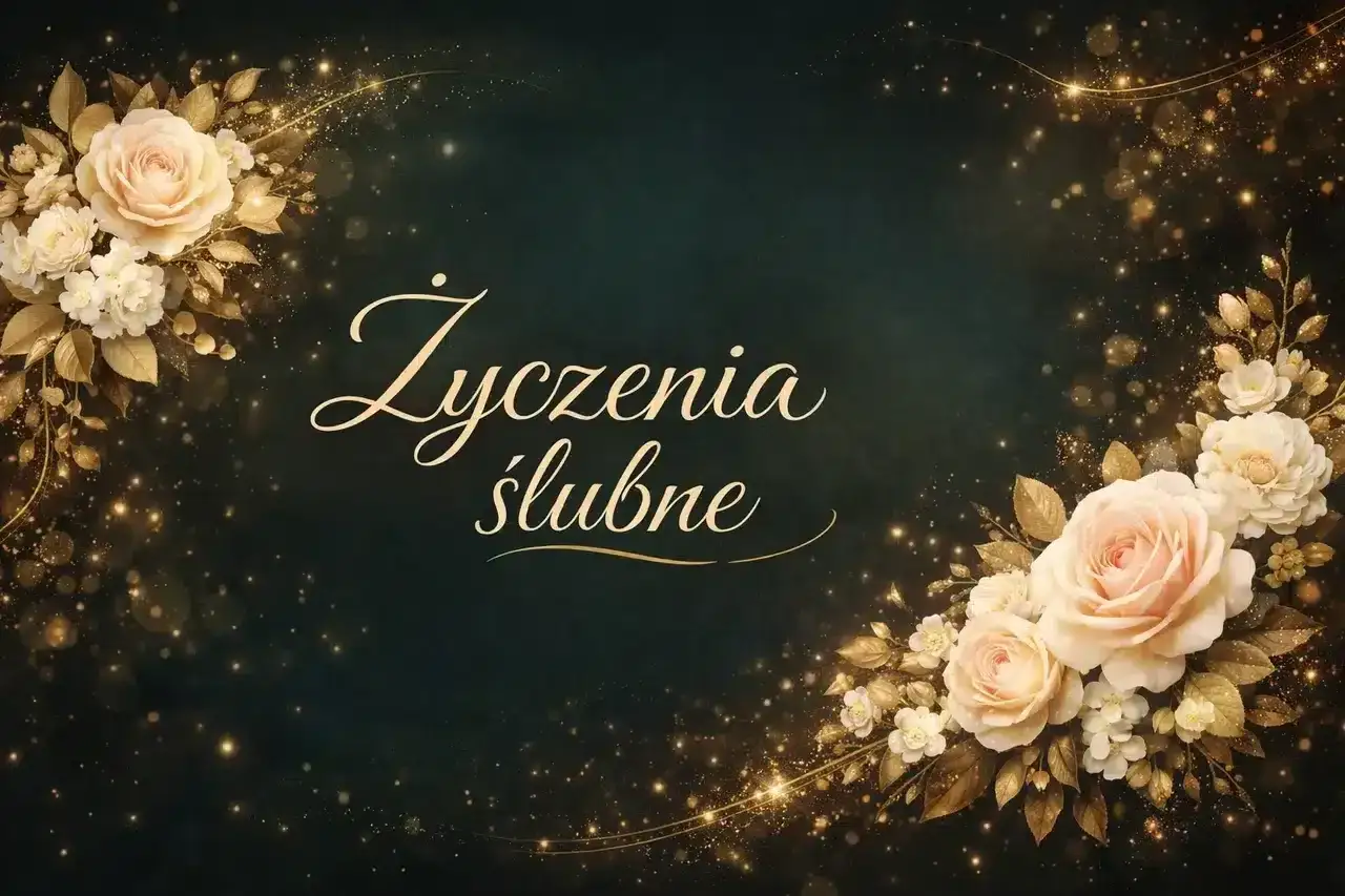 Eleganckie życzenia na ślub z bukietami jasnych róż i złotymi detalami.