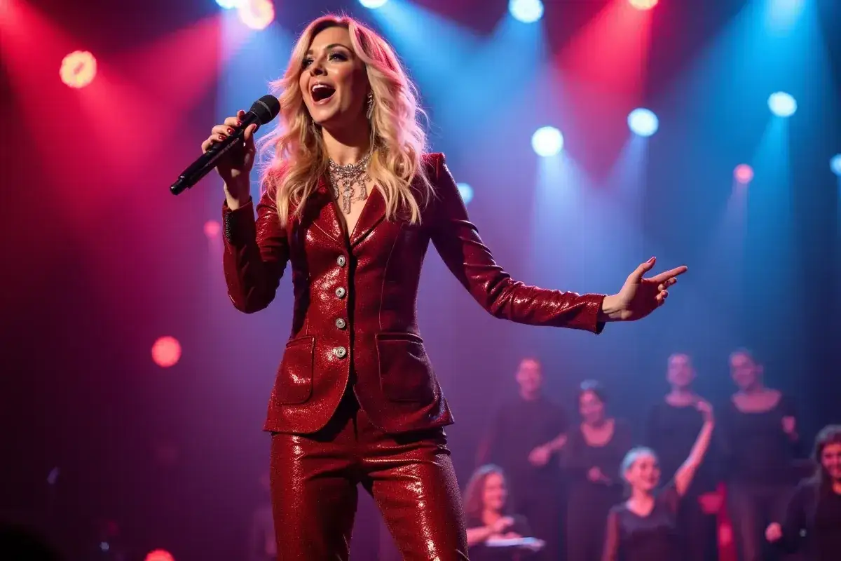 Ola Radwan w błyszczącym czerwonym garniturze śpiewa na scenie. Wiek nie gra roli, gdy talent rozkwita w blasku świateł.