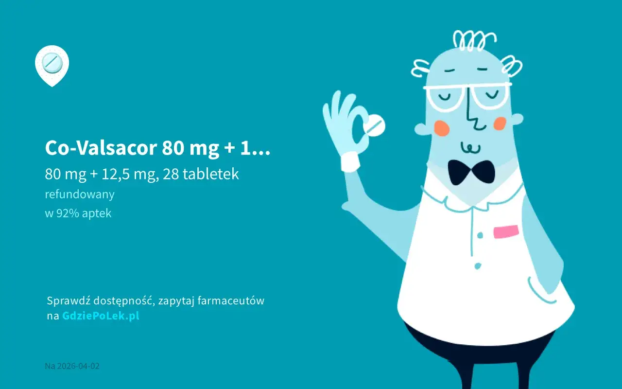 Co-Valsacor 80 mg + 12,5 mg, 28 tabletek. Zapytaj farmaceutę o skutki uboczne i dostępność leku.