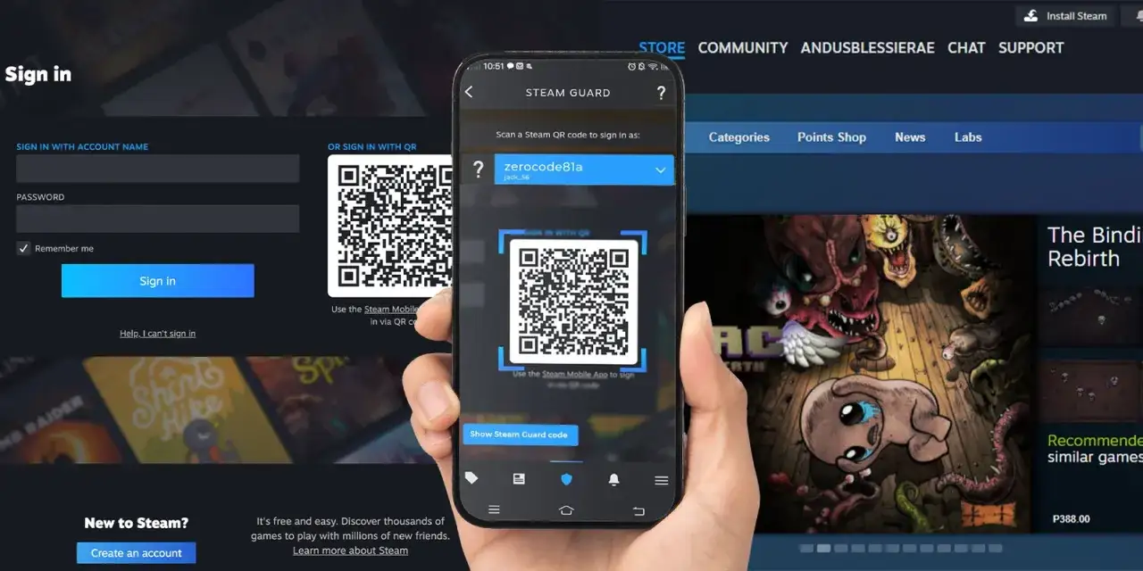 Dłoń trzyma smartfon z aplikacją Steam Guard, skanując kod QR na ekranie logowania Steam.