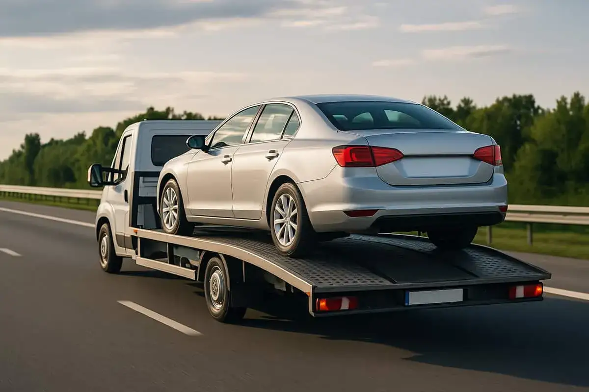 Srebrny samochód osobowy transportowany na lawecie po autostradzie.