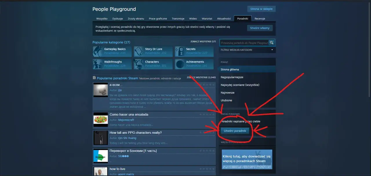 Zrzut ekranu ze Steam, pokazujący przycisk "Utwórz poradnik" i listę poradników.