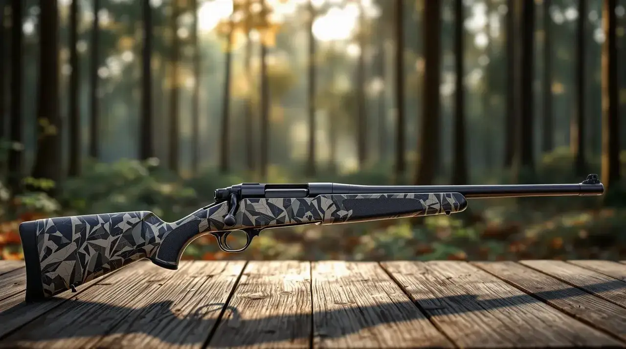 Karabin myśliwski z kamuflażem na drewnianym stole. Czy myśliwi zarabiają na swojej pasji?