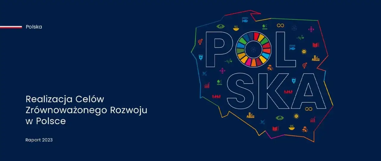 Mapa Polski z hasłem "POLSKA" i ikonami Celów Zrównoważonego Rozwoju.