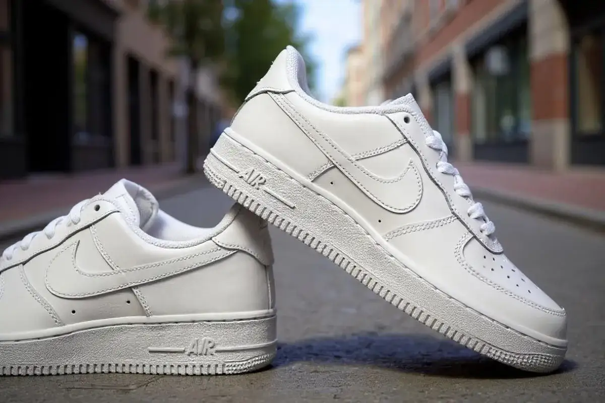 Białe sneakersy Nike Air Force 1 na ulicy. Zastanawiasz się, czym się różnią Air Force 1 od 07? To klasyka!
