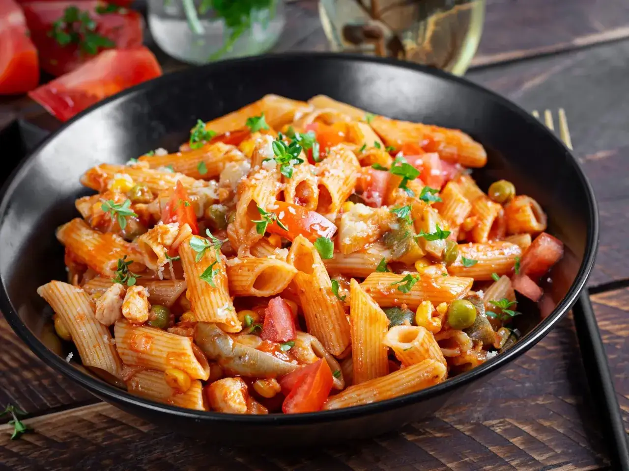 Makaron penne z pieczarkami, pomidorami i zielonym groszkiem w sosie, posypany parmezanem i ziołami.