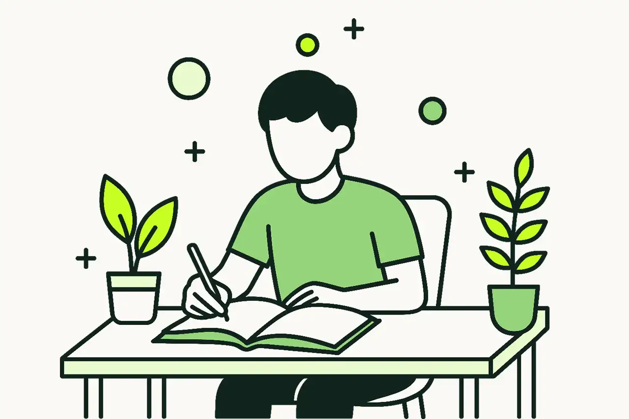 Chłopak przy biurku z książką i roślinami uczy się, jak uczyć się słówek.
