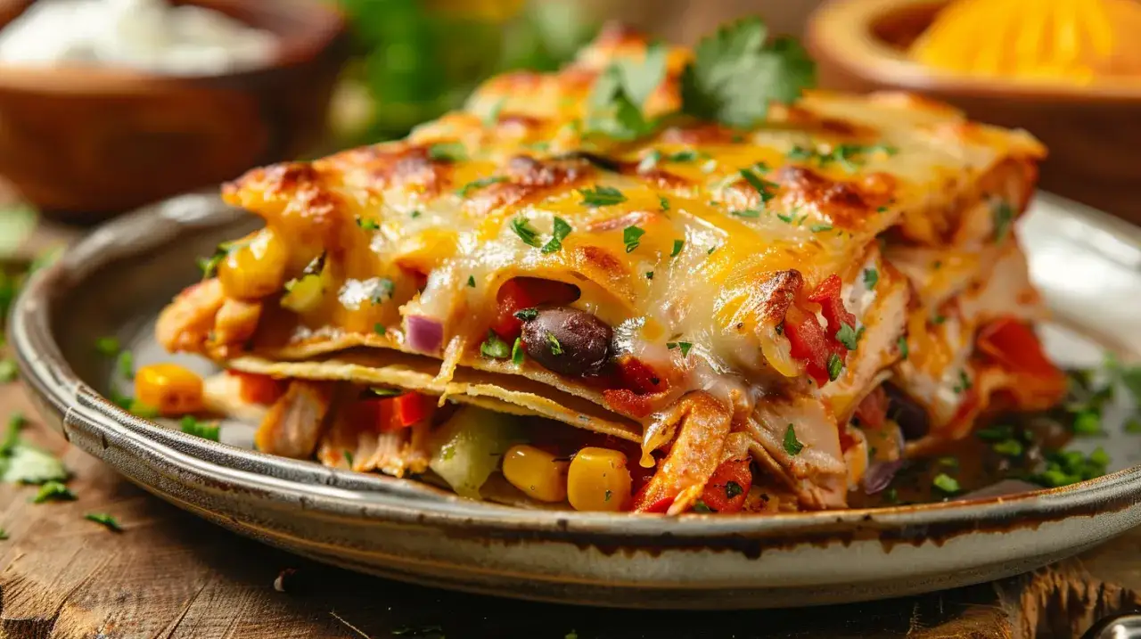 Tort z tortilli z kurczakiem, warzywami i sosem serowym