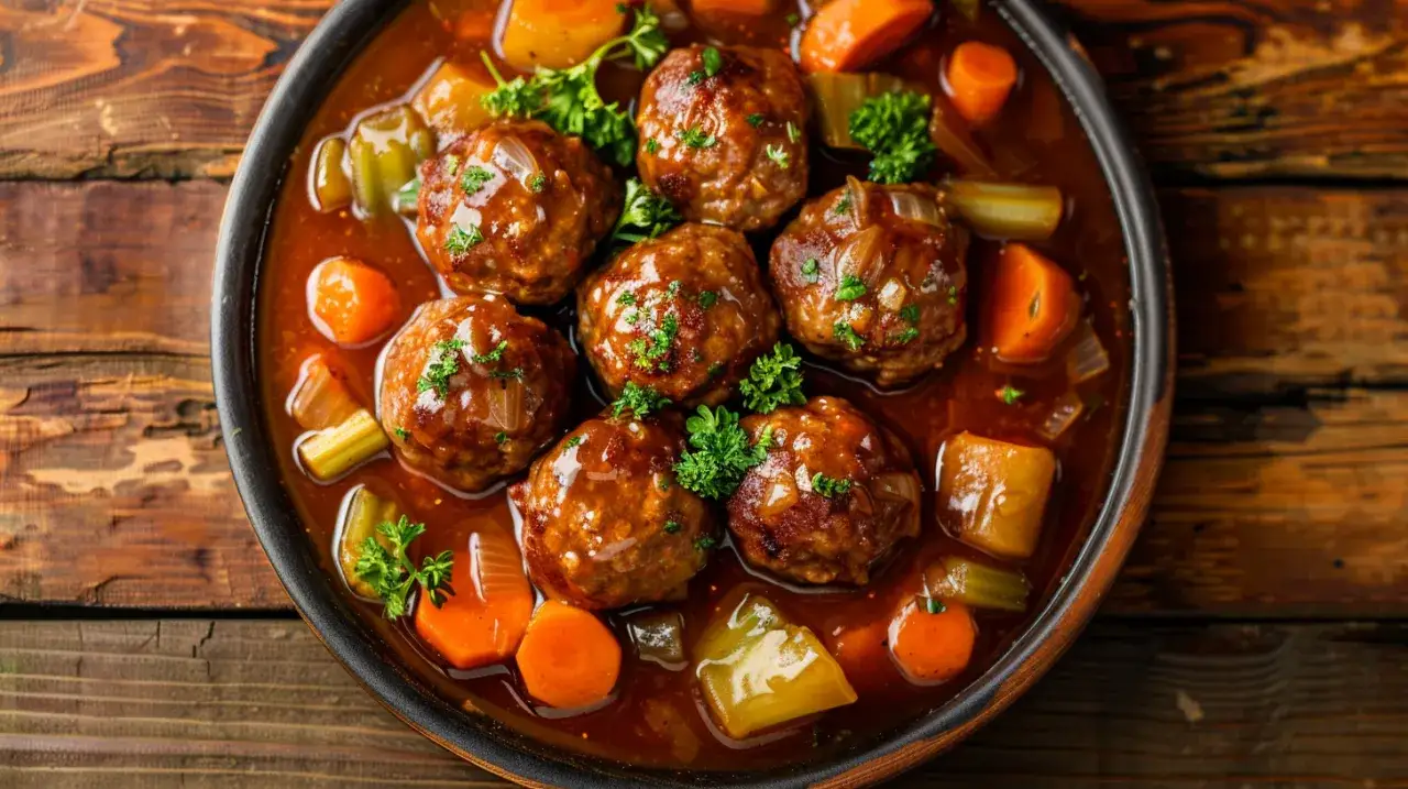 Pulpety wołowe w sosie pieczeniowym z warzywami korzennymi