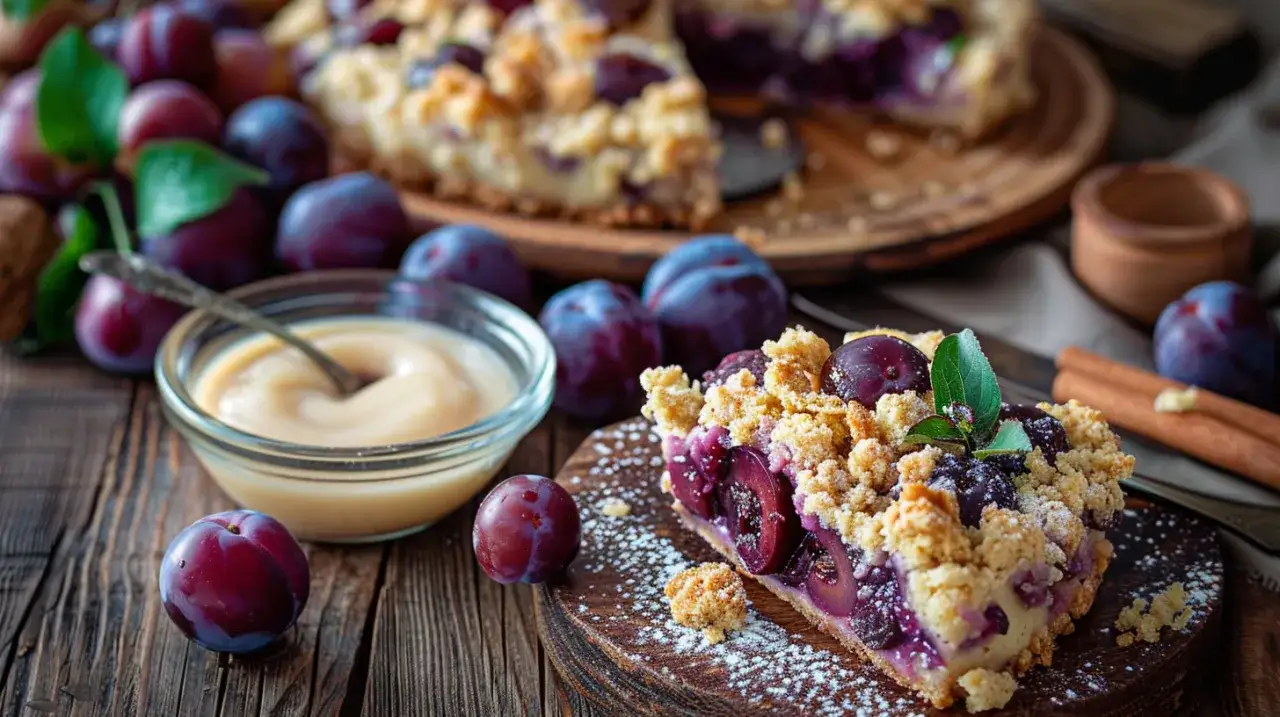 Ciasto ze śliwkami, cynamonem, kruszonką i sosem waniliowym