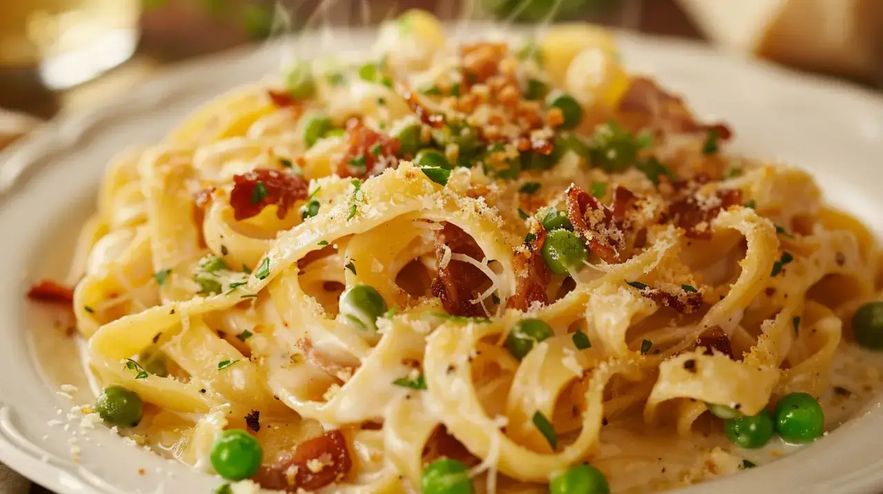 Tagliatelle w sosie śmietanowym z boczkiem i zielonym groszkiem