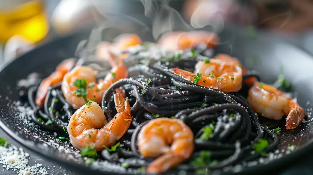 Czarny makaron z krewetkami, czosnkiem, oliwą i natką pietruszki