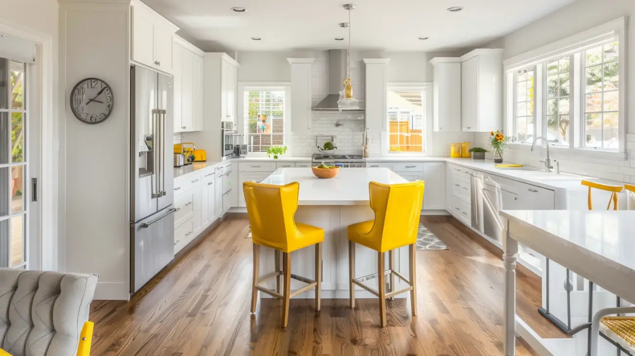 Energetyczna aranżacja - żółte akcenty w białej kuchni