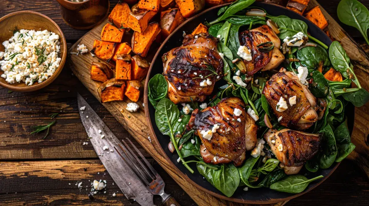 Bataty z kurczakiem, szpinakiem, serem feta i sosem czosnkowym