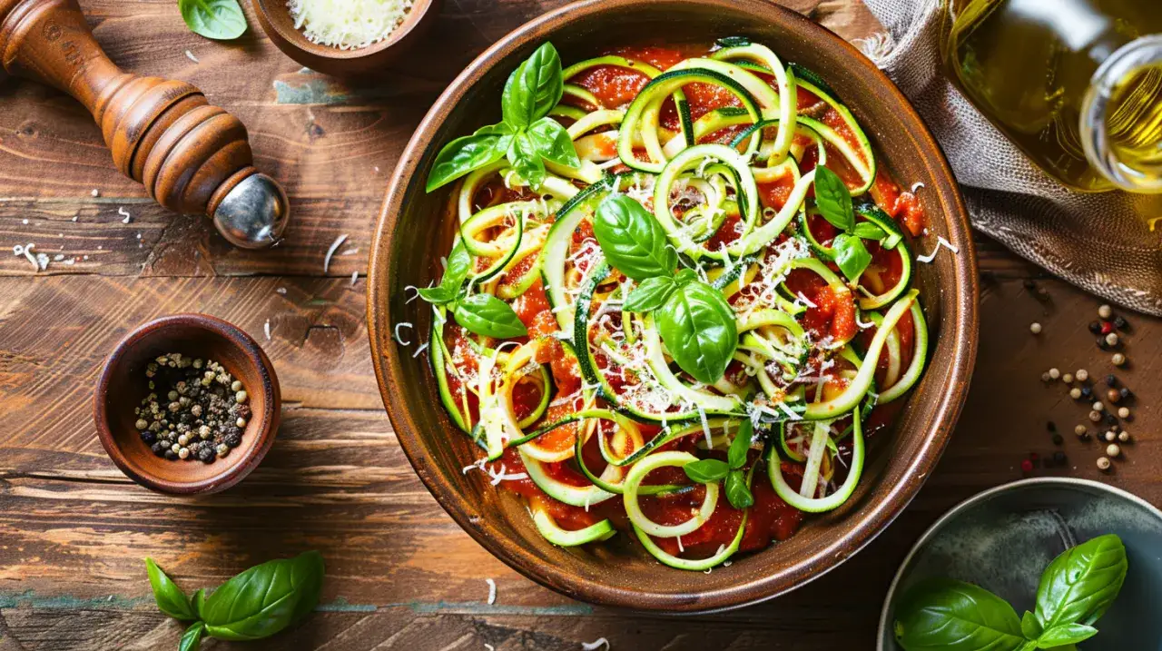 Makaron z cukinii z sosem pomidorowym, bazylią i parmezanem