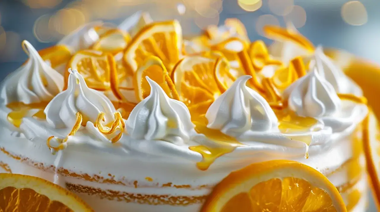 Tort pomarańczowy z bezą, kremem waniliowym i kandyzowaną skórką